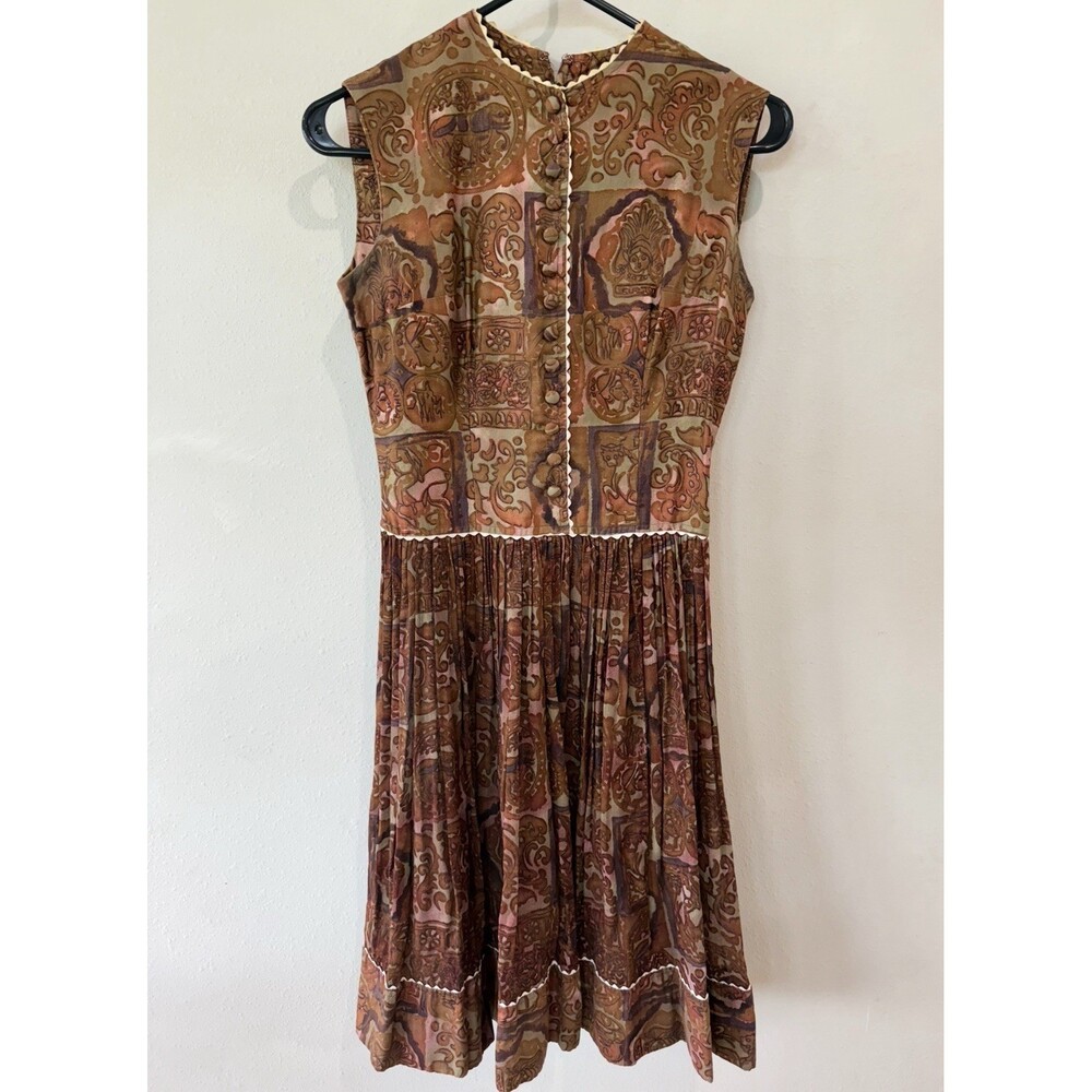 Ricky Vaughn Women’s Brown Pleated Vintage Dress Button Up Sleeveless Knee